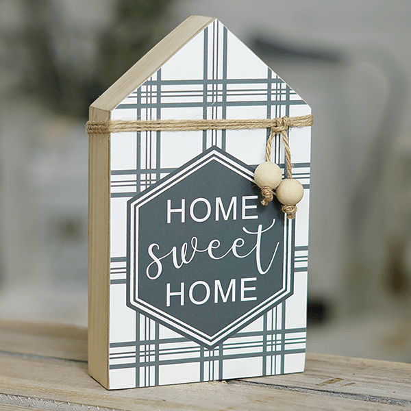 Home Sweet Home Plaid House Shaped Block Sign