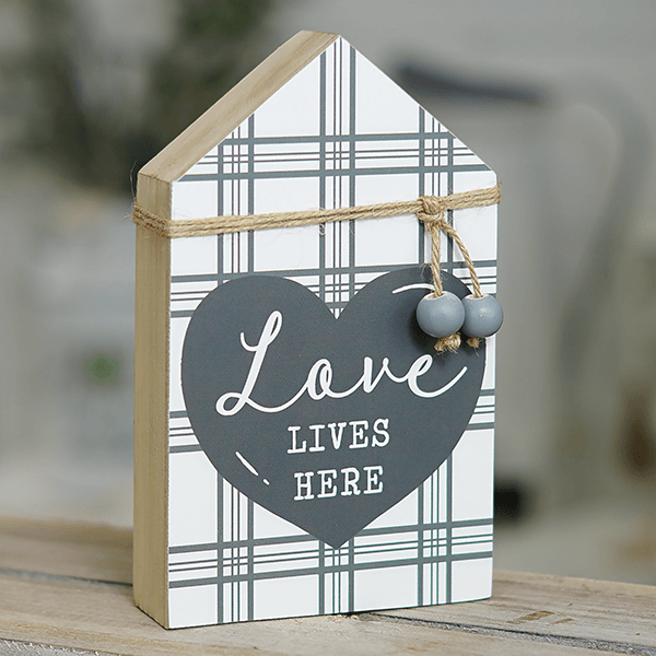 Love Lives Here Plaid House Shaped Block Sign